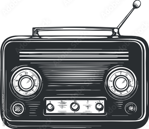 Vintage retro radio receiver with dials and antenna for tuning into music and broadcasts