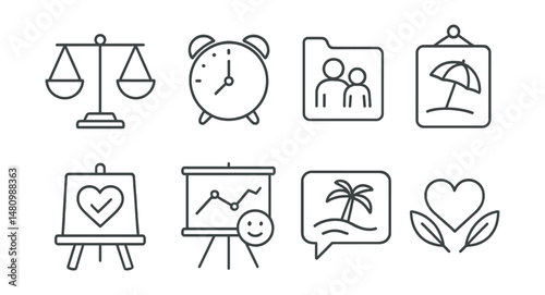 Line style icons of work-life balance: balance scale icon, work hours badge, personal time tag, family focus file, self-care board, relaxation chart, weekend break bubble, healthy life symbol.