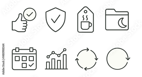 Line style icons of routine building: daily habit icon, routine checklist badge, morning ritual tag, evening routine file, consistent task board, habit tracker chart, daily sequence bubble, repeat