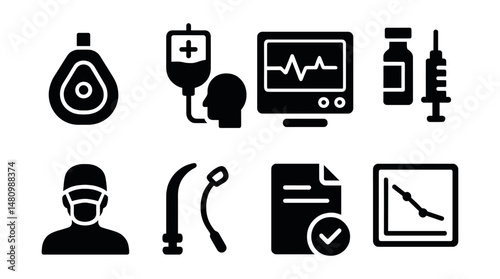 Solid style icons of anesthesiology: anesthesia mask, IV sedation, monitoring screen, drug dosage, anesthesiologist, airway tools, consent icon, sedation chart.