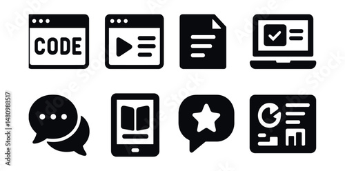 Solid style icons of online education tools: class code, module icon, submit task, online quiz, discussion thread, e-book reader, feedback bubble, grades dashboard.