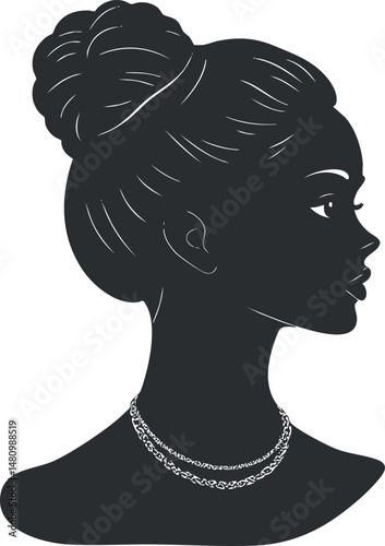Silhouette profile of an elegant young woman with hair bun and necklace on white background