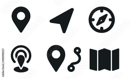Solid style icons of location services: GPS pin, navigation arrow, compass icon, map marker, location signal, geotag icon, route path, map fold.