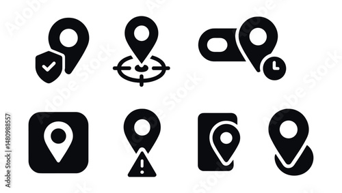 Solid style icons of user location settings: location permission, enable GPS, privacy toggle, accuracy mode, location history, app permission, geo alert, background access.