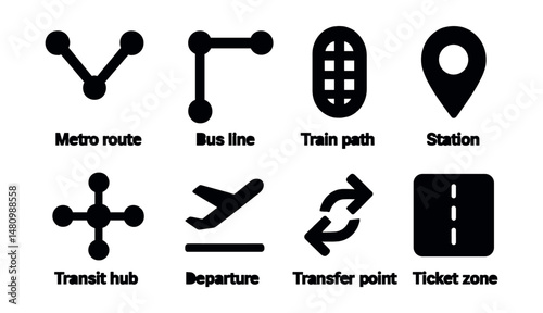 Solid style icons of transportation maps: metro route, bus line, train path, station marker, transit hub, departure icon, transfer point, ticket zone.
