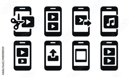 Solid style icons of mobile video editing: trim clip, merge video, transition effect, audio sync, preview frame, export icon, aspect ratio, video layers.