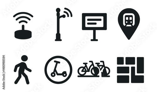 Solid style icons of smart city location tech: sensor hub, smart light post, digital sign, real-time bus pin, pedestrian icon, scooter zone, bike dock, city grid.