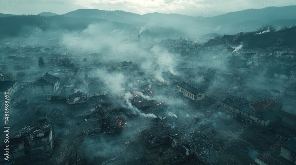 Obraz premium Smoke and fire engulf town aerial view of devastation and destruction