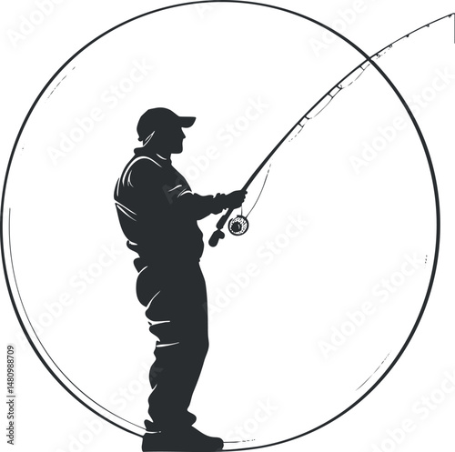 Silhouette of a man fishing with a rod and reel, casting into water for recreational fishing activity