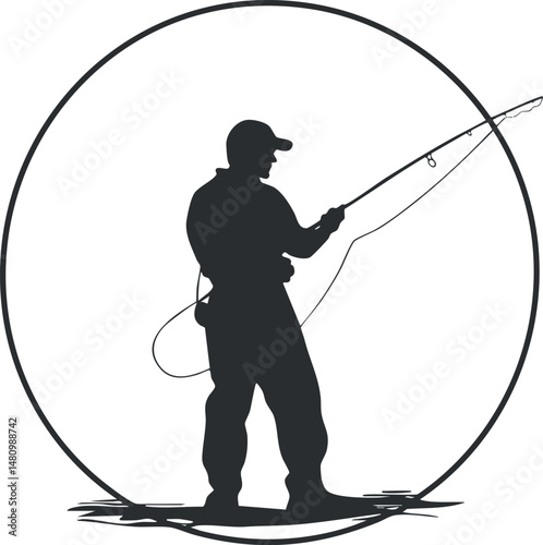 Silhouette of a man fishing with rod and reel standing inside a circle on white background