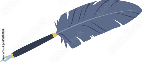 Quill pen featuring a dark blue feather and elegant nib resting on a clean white background, symbolizing creativity, vintage charm, and the art of writing throughout history