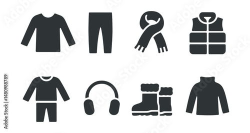 Solid style icons of warm layers for kids: thermal top, wool leggings, knit scarf, quilted vest, fleece set, ear muffs, lined boots, turtleneck.