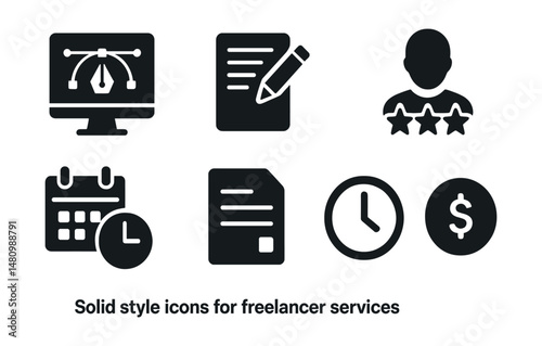 Solid style icons of freelancer services: design job, writing gig, portfolio icon, client review, deadline badge, invoice card, time log, service rate.