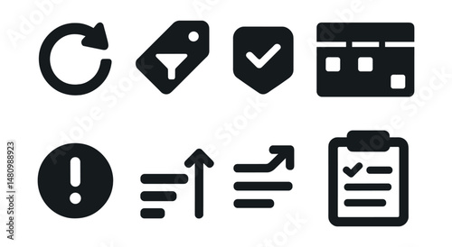 Solid style icons of modern task managers: recurring icon, tag filter, today list, project board, checklist icon, task priority, smart sort, inbox clean.