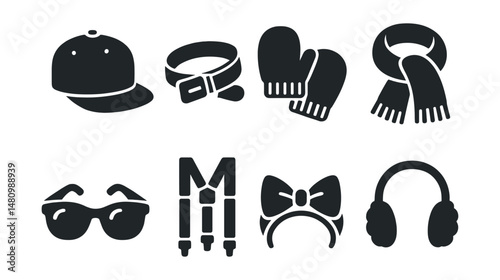 Solid style icons of children’s accessories: snapback cap, fabric belt, knit mittens, winter scarf, kids sunglasses, suspenders, bow headband, earmuffs.