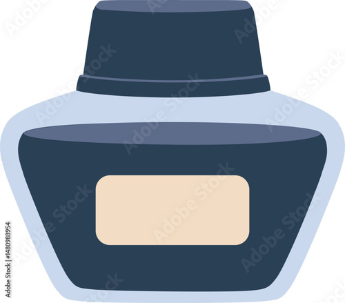 Glass inkpot with blank label containing blue ink, ideal for calligraphy, writing, and creative projects, providing a classic and elegant tool for artistic expression