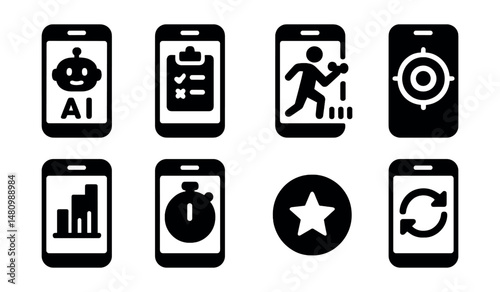 Solid style icons of mobile fitness coaching: AI coach, training plan, rep counter, target zone, performance review, rest timer, achievement icon, sync tracker.