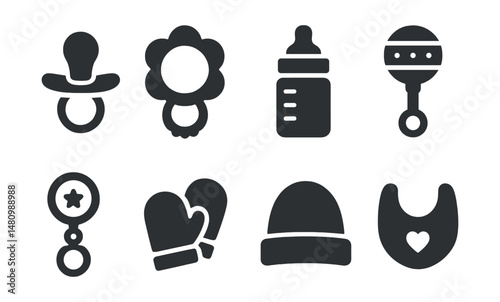 Solid style icons of baby accessories: pacifier, teething ring, baby bottle, rattle toy, stroller clip, baby mittens, soft hat, drool bib.
