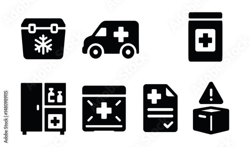 Solid style icons of medical logistics: cold chain box, medical transport, inventory barcode, sterile packaging, supply cabinet, delivery crate, order form, restock alert.