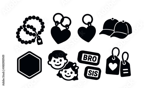 Solid style icons of sibling accessories: matching bracelets, sibling keychains, shared bag, twin caps, “big bro” patch, sibling stickers, name pins, tag sets.