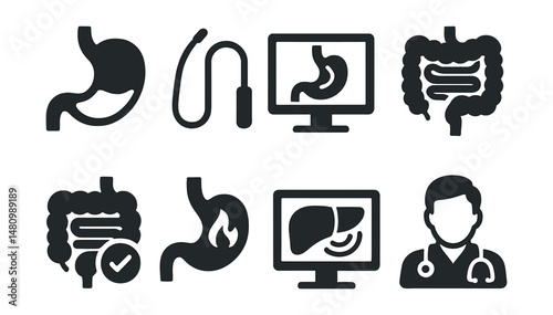 Solid style icons of gastroenterology: stomach icon, colonoscopy tool, endoscopy monitor, digestive system, gut health, acid reflux, liver scan, GI doctor.