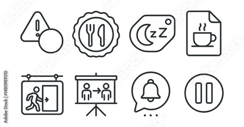 Line style icons of shift breaks: break alert icon, meal break badge, short rest tag, coffee pause file, bathroom break board, shift change chart, break reminder bubble, pause symbol.