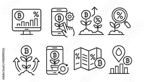 Line style icons of crypto investments: yield aggregator dashboard, farming optimizer tool, APY maximizer, best yield scanner, yield reallocation advisor, auto-compounding pool tracker, DeFi protocol