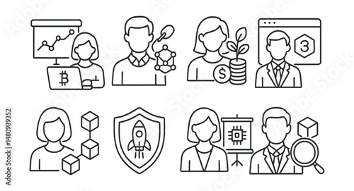 Line style icons of blockchain careers: venture capital analyst in crypto, blockchain startup advisor, seed round fundraiser, Web3 business strategist, decentralized project manager, launchpad