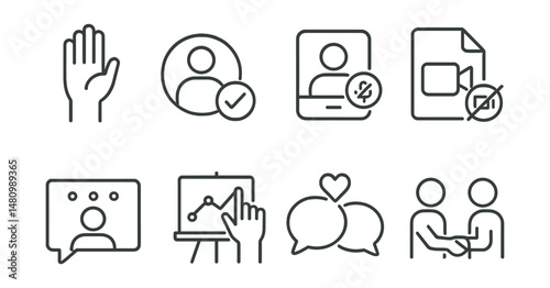 Line style icons of video call etiquette: raise hand icon, speak turn badge, mute when not speaking tag, camera on/off file, wait for pause board, signal to speak chart, polite conversation bubble,