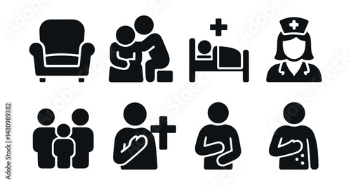 Solid style icons of hospice and palliative care: comfort chair, end-of-life care, hospice bed, home nurse, family visit, spiritual care, dignity icon, symptom control.