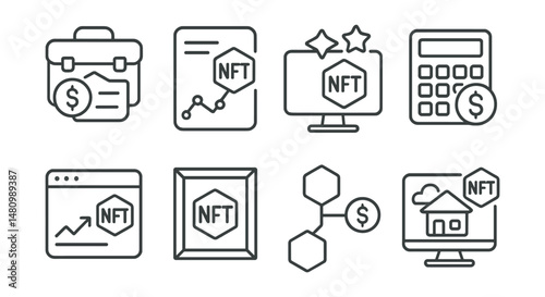 Line style icons of crypto investments: NFT investment portfolio, collectible value tracker, NFT rarity analyzer, NFT profit-loss calculator, NFT flip tracker, NFT marketplace portfolio, NFT