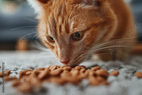 portrait of a cat eating dry food