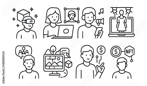 Line style icons of blockchain careers: metaverse world builder, avatar designer for virtual worlds, metaverse event organizer, virtual fashion show manager, metaverse community planner, digital land