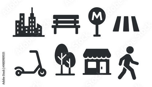 Solid style icons of urban life: skyline, park bench, metro sign, crosswalk, scooter, urban trees, city café, pedestrian.