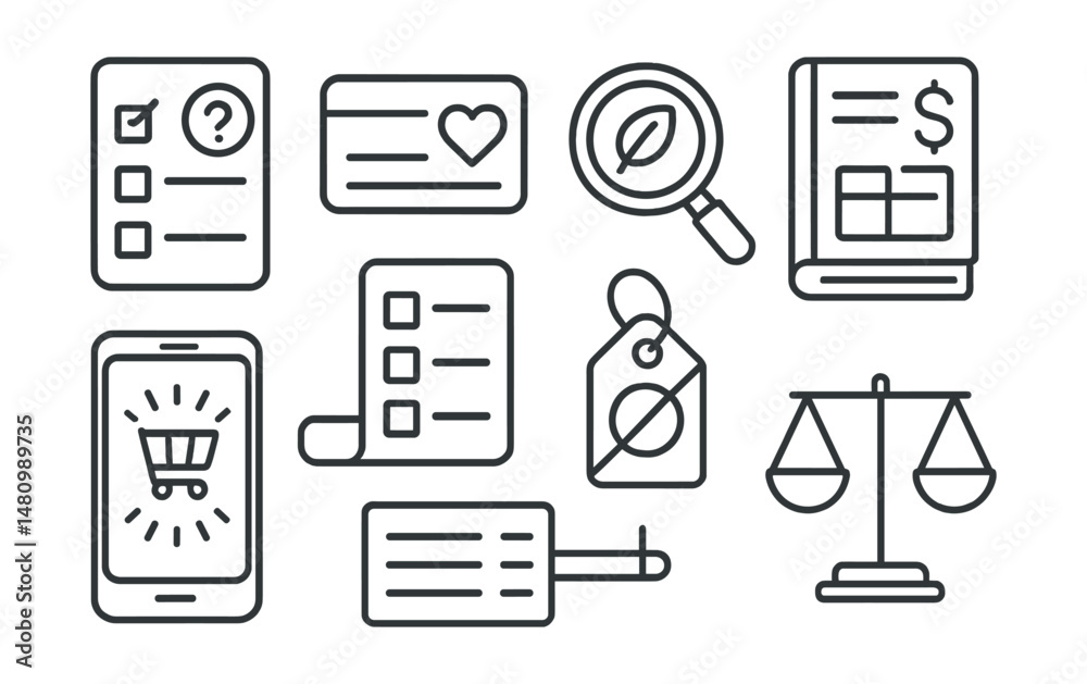 Line style icons of conscious consumption: “do I need this?” checklist, value-aligned purchase card, ethical brand search icon, low-impact budget planner, mindful shopping app, minimal items list,