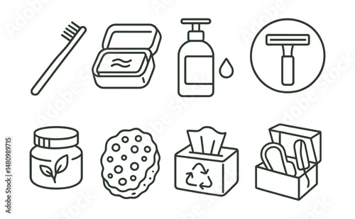 Line style icons of personal care with less waste: bamboo toothbrush icon, bar soap in tin, refill bottle for shampoo, safety razor badge, DIY cosmetics jar, natural sponge symbol, recycled tissue