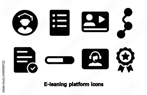 Solid style icons of e-learning platforms: student profile, course list, video lecture, learning path, test result, progress bar, online tutor, certification badge.