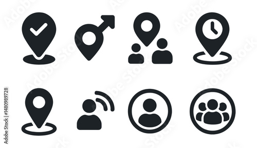 Solid style icons of check-in and location sharing: check-in icon, share location, meet here pin, time stamp, shared spot, friend radar, active circle, group zone.