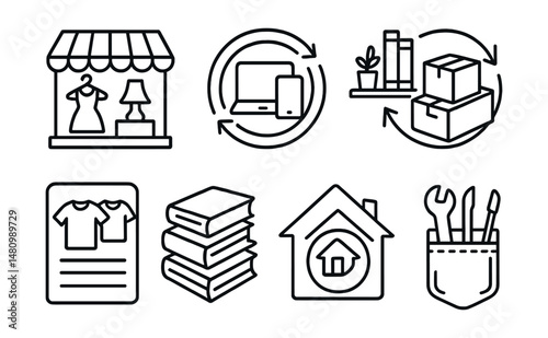 Line style icons of smart shopping and reusing: thrift store icon, secondhand tech badge, borrow instead of buy shelf, reuse boxes label, clothing swap flyer, shared books stack, rent-not-own icon,