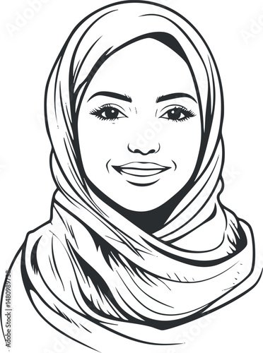 Black and white line art portrait of a smiling woman wearing a hijab headscarf with a positive expression