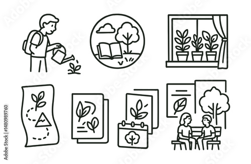 Line style icons of nature and green routine: student with watering can, study outdoors badge, window herb garden, “plant walk” habit icon, leaf journal page, weekend trail map, tree calendar tracker