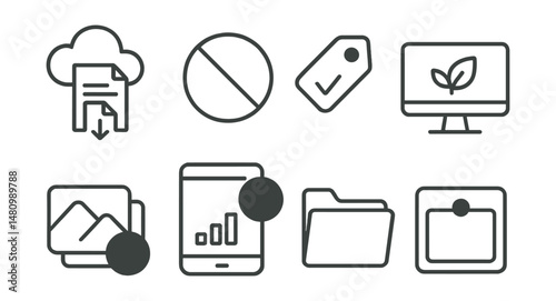 Line style icons of digital sustainability: cloud storage instead of print, no auto-play badge, device use audit tag, eco mode on screen, delete duplicates icon, tech timer chart, digital