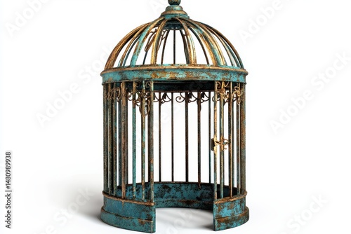 A vintage turquoise and gold birdcage with rust is isolated on a white background