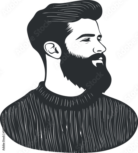 Black and white illustration of a bearded man in profile view wearing a textured sweater with a confident expression