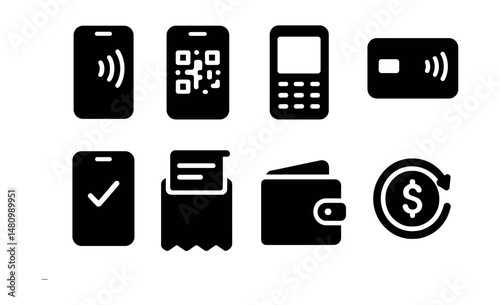 Solid style icons of mobile payments: NFC tap, scan QR, mobile POS, contactless card, pay app, receipt icon, wallet balance, cashback coin.