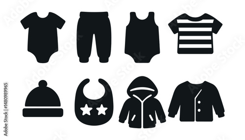 Solid style icons of gender-neutral baby clothes: neutral onesie, soft joggers, cotton romper, striped shirt, unisex hat, bib with stars, cozy hoodie, cardigan.