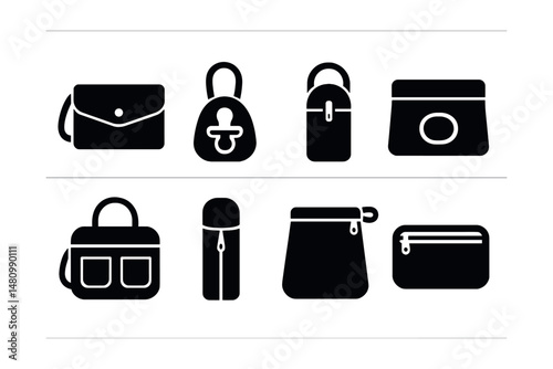 Solid style icons of baby care pouches: diaper clutch, pacifier case, bottle holder, wipes pouch, organizer bag, insulated sleeve, wet/dry bag, zipper kit.