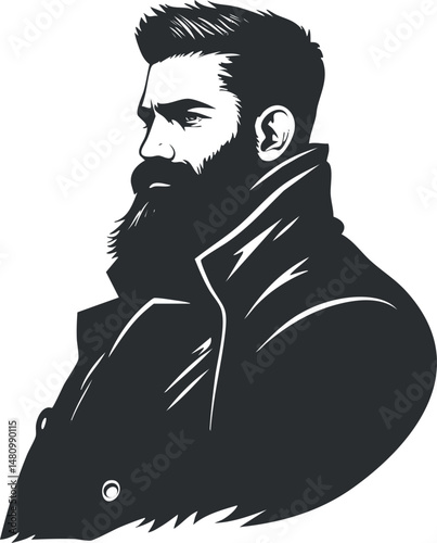 Black and white profile illustration of a bearded man wearing a stylish coat with a confident expression