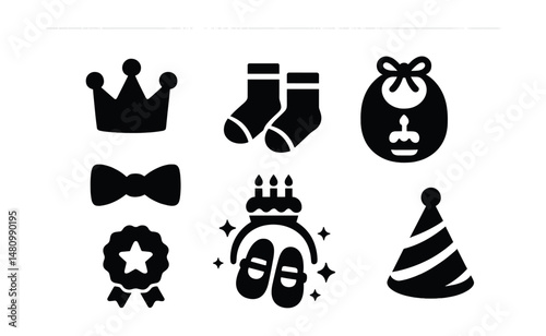 Solid style icons of birthday outfit accessories: party crown, matching socks, bow tie, birthday bib, cake-themed hairband, age badge, sparkle shoes, birthday hat.