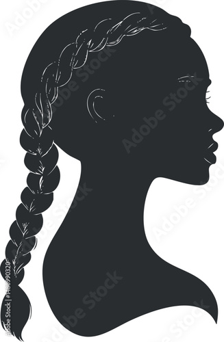 Silhouette of a woman in profile view with a long braided hairstyle in black and white